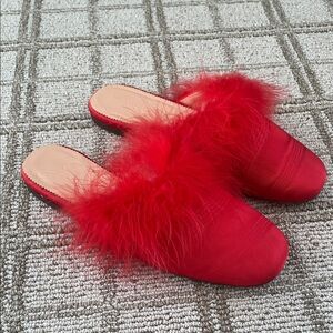 Elegant Red Feathered Women's Slip Ons